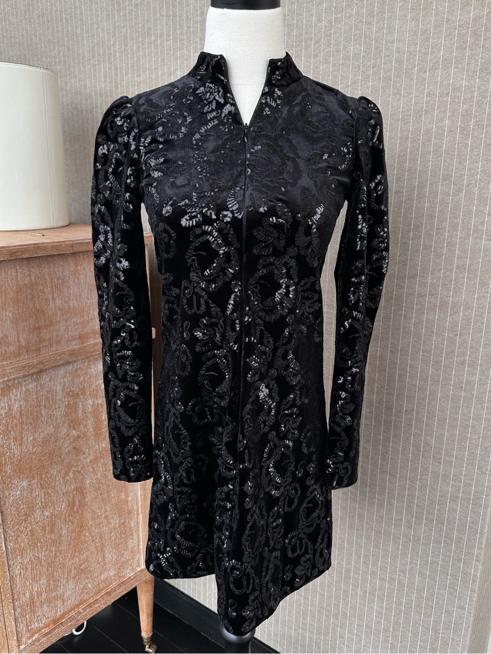 ME+EM Black Velvet Floral Embossed Long-Sleeve Dress